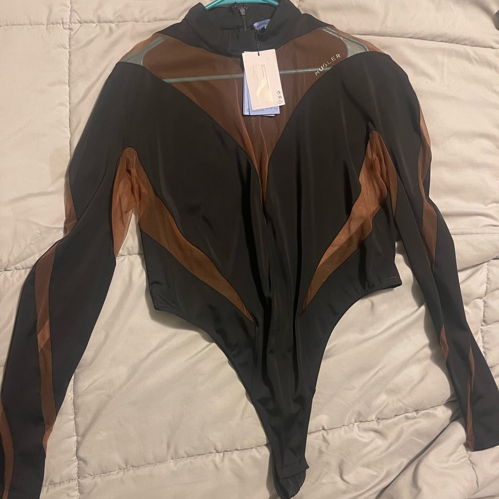 Mugler H&M Black and Brown Asymmetrical Long Sleeve Bodysuit